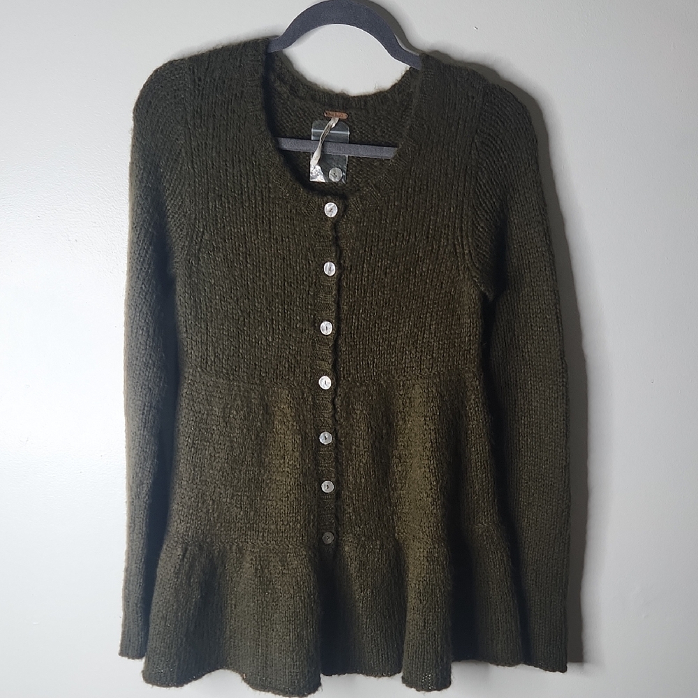 Free People Peplum Olive Green Crochet Wool Long Sleeve Button Cadigan Size S
